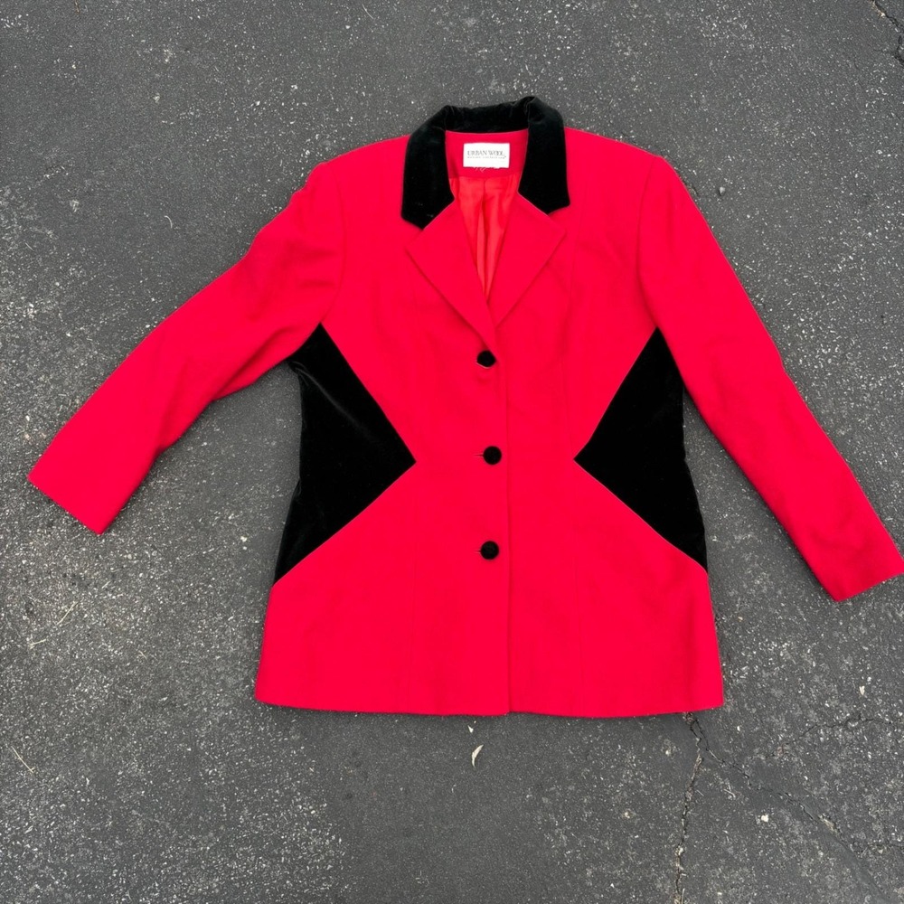Vintage‎ Red Wool Blazer Black Velvet Trim Power Jacket Retro Glam